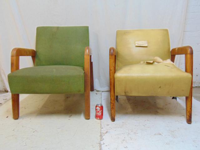 Pair Kem Weber style arm chairs in maple & vinyl, MCM,: Pair Kem Weber style arm chairs in maple & vinyl, MCM, chairs need restoration.