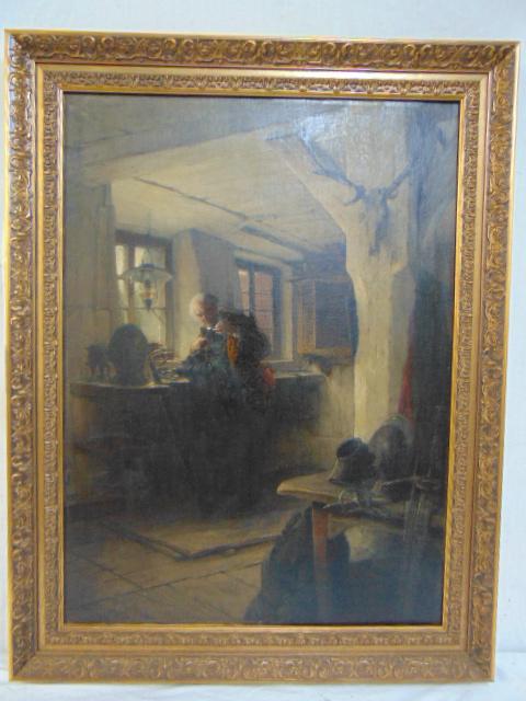 Painting, Gunsmith, by Richard Winternitz, oil on: Painting, Gunsmith, by Richard Winternitz, oil on canvas showing a gunsmith at work in his workshop, canvas is 30.25" by 22.5"