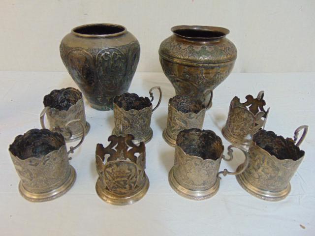 2 Persian Silver vases & 8 Russian tea cup holders, 6: 2 Persian Silver vases & 8 Russian tea cup holders, 6 matching tea cup holders marked "84", 2 others are hallmarked, vases decorated with flowers and figures (appear Persian), total weight 70 troy. No