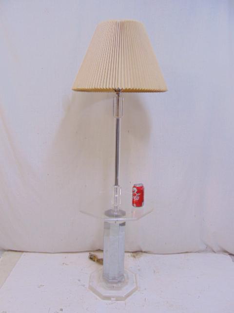 Lucite lamp table, mirrored octagonal base, lamp is 57": Lucite lamp table, mirrored octagonal base, lamp is 57" tall.