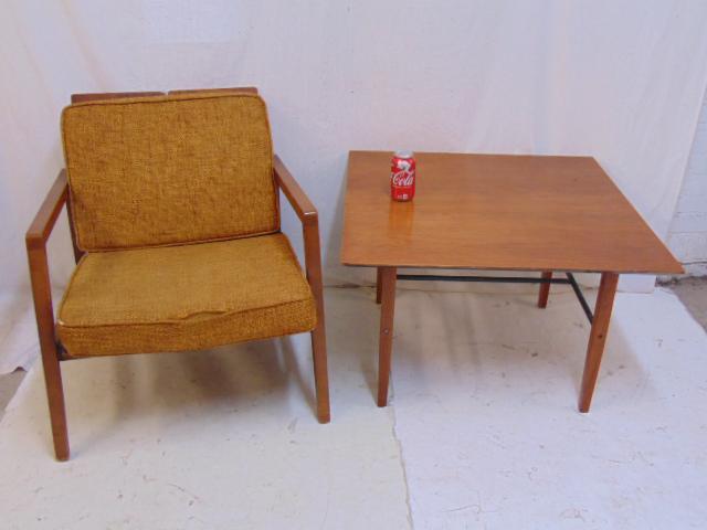 Lewis Butler for Knoll arm chair & MCM side table Mid: Lewis Butler for Knoll arm chair & MCM side table Mid Century arm chair with original pillows & table with stretcher base, table unsigned, table is 30" by 30" by 19.25".