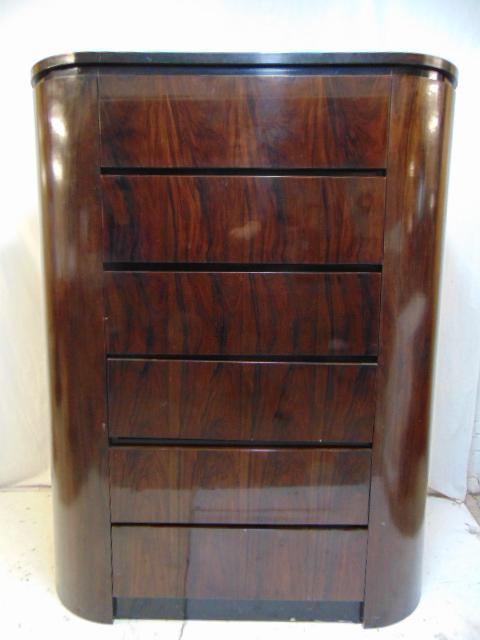 Thomasville contemporary chest, oval, rounded sides, in: Thomasville contemporary chest, oval, rounded sides, in lacquered mahogany, 6 drawers, chest is 45" by 18", height is 58"