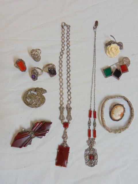 Jewelry. Lot of sterling marcasite carnelian jewelry &: Jewelry. Lot of sterling marcasite carnelian jewelry & other, 5 pins, 4 rings, 1 bracelet, & 2 necklaces