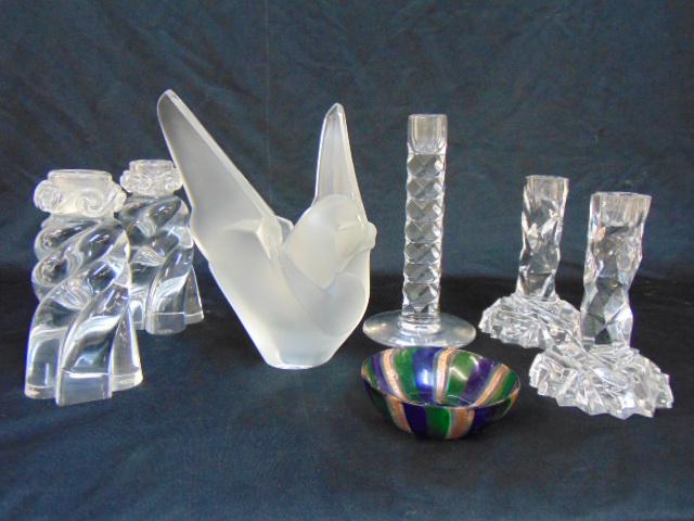 Art glass lot to include Lalique, Tiffany, Baccarat and: Art glass lot to include Lalique, Tiffany, Baccarat and small art glass bowl, pair of 5.75" tall Tiffany candlesticks; pair 6" Baccarat candle holders, Lalique art glass lovebird vase, Orrefors stick,