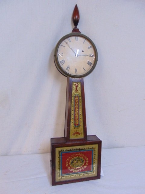 Willard's Patent Banjo clock, antique Banjo clock: Willard's Patent Banjo clock, antique Banjo clock, possibly Aaron Willard, Eglomise panels, bottom panel is cracked, with family provenance finial replaced, clock is 34 1/4" tall including finial, dia