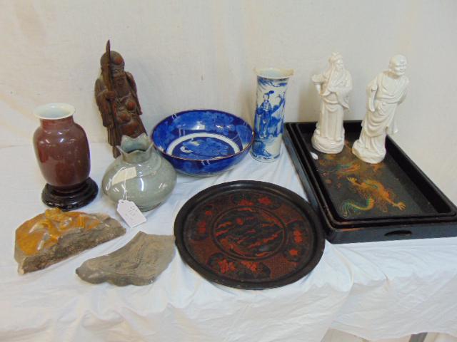 Chinese porcelain, stoneware, lacquer lot, includes: Chinese porcelain, stoneware, lacquer lot, includes blue and white porcelain bowl & vase, 2 ceramic vases, carved wood statue saint, pair white porcelain figures, temple, stone fragments and several t