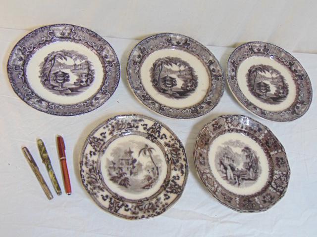 Lot of 5 Flo Mulberry plates, 3 fountain pens, plates: Lot of 5 Flo Mulberry plates, 3 fountain pens, plates are 9.25", some chips on plates, please see images for detail.