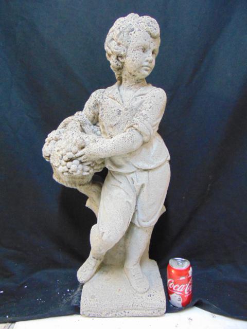 Cement garden statue, figure with flower basket, height: Cement garden statue, figure with flower basket, height is 29.15"