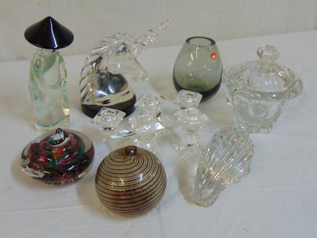 Lot art glass, Murano unicorn, Swarovski candle: Lot art glass, Murano unicorn, Swarovski candle holders, art glass bottle, spiral gold speck pattern, Holmegaard vase, Murano figure of a Asian man with hat, art glass paperweight, Baccarat paperweigh