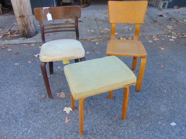 Pair deco plywood chairs & ottoman, maple Thonet side: Pair deco plywood chairs & ottoman, maple Thonet side chair, unsigned stool & side chair "sold by Leo Interiors".