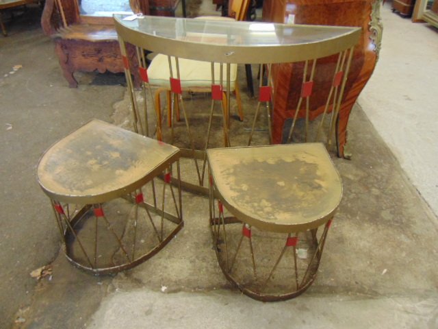 Painted iron base console table & stands: Painted iron base console table with glass top and two small matching stands, decorative base, top is 42" by 12.25", height is 30"