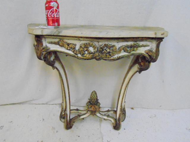 French marble top painted wood base console table,: French marble top painted wood base console table, small sized console table with carved pineapple finial, table is 31.25" by 13.75", height is 27.75", base as is, several old repairs, loss.