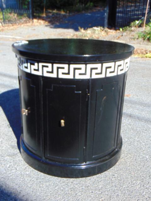 Decorative mid-century Greek key round drum table, with: Decorative mid-century Greek key round drum table, with double door