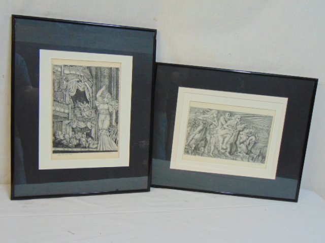 Pair engravings, Reginald Marsh, figures on horseback,: Pair engravings, Reginald Marsh, figures on horseback, 6.5" by 10.5" (scene only) & "Star Burlesk" 1933, 10.25" by 7.75", both marked "repro"
