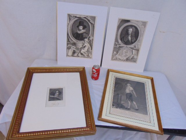 Art lot, engravings, Jacobus Houbraken, & others: Art lot, engravings, Jacobus Houbraken, "Sir Francis Bacon" & "Sir Isaac Newton", 14.25" by 9.25" (art only); framed engraving, "Le Joueur", 14.5" by 9.75" & portrait of Diego Velasquez (5" by 7"), ha