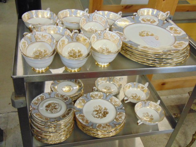 Set Tuscan bone china dinnerware, "Celeste" porcelain: Set Tuscan bone china dinnerware, "Celeste" porcelain dinnerware including 8 10.5" dinner plates, 8 cups & sauces; 8 8.25" bread or salad plates; 8 cake plates & 8 double handled soup bowls on saucers