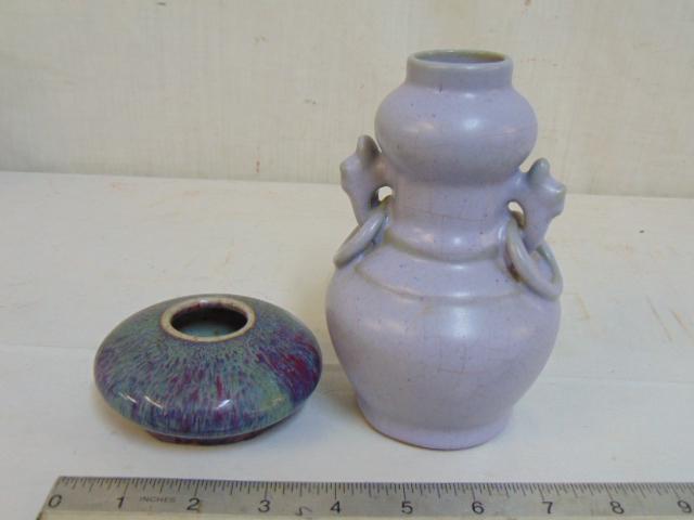 2 small Chinese Asian pottery pieces, low bowl & small: 2 small Chinese Asian pottery pieces, low bowl & small vase in violet, vase is 6" tall, signed, has minor chips on bottom edge, bowl in good condition, remnants of wax seal visible