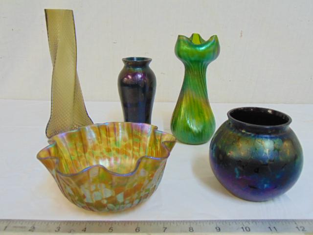 (5) Austrian Loetz and other pieces, 4 vases & 1 bowl,: (5) Austrian Loetz and other pieces, 4 vases & 1 bowl, overall condition good