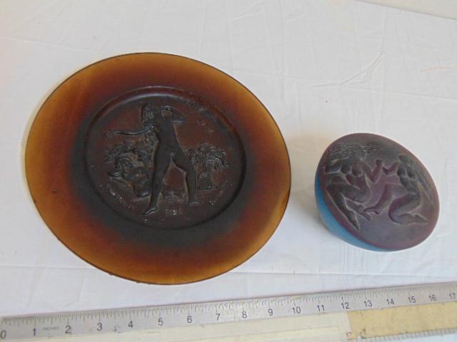 1970 Daum Four Seasons art glass plate, amber color,: 1970 Daum Four Seasons art glass plate, amber color, marked "ETE" 10 1/2" , & similar unsigned art glass powder jar w/ nudes, 5" across the top. good condition.