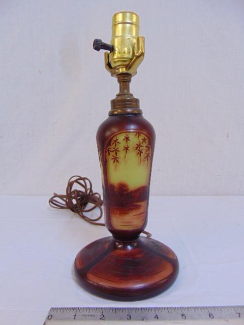 Cameo glass scenic lamp base, signed, Michel, good: Cameo glass scenic lamp base, signed, Michel, good condition, glass is 8" height