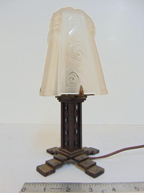 Sabino wrought iron deco lamp with glass shade, small: Sabino wrought iron deco lamp with glass shade, small boudoir lamp with deco metal base & etched & frosted art glass shade, height is 9.75", in good condition.