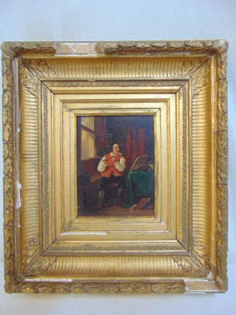 Painting, Man with flute, B. Albert, oil on wood panel: Painting, Man with flute, B. Albert, oil on wood panel showing a man seated by a window playing a flute, 6.5" by 5", gilt frame has chips, loss of gesso.