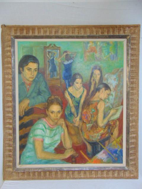 Painting, East End Studio", Susan Kahn, 1969, painted: Painting, East End Studio", Susan Kahn, 1969, painted on canvas, various artists in a studio, with pamphlet showing the work, canvas is 42" by 36", East End Cultural Center label, Heydenryk frame (unm