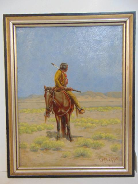 Painting, Indian on horse, Charles Craig, oil on: Painting, Indian on horse, Charles Craig, oil on canvas, Indian on horseback looking back to mountain range, 16.25" by 12"