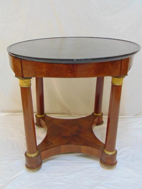 French Empire bronze mounted dish top marble top center: French Empire bronze mounted dish top marble top center table, top is 32.25", height is 30.75", joints are a bit loose, top has old repair.