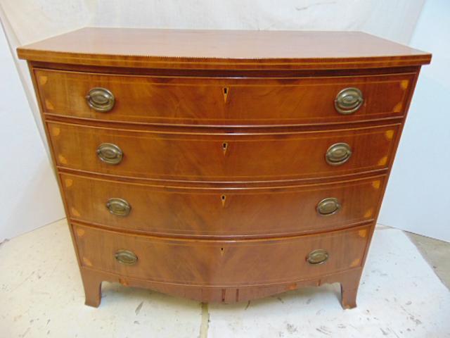 Inlaid Hepplewhite mahogany bow front chest, 4 drawers,: Inlaid Hepplewhite mahogany bow front chest, 4 drawers, inlaid detail in corner drawers, chest is 43" by 24", height is 38.5", veneer loss bottom front.