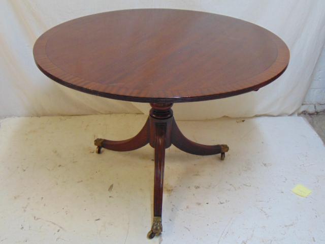 Regency style mahogany round table, Duncan Phyfe style: Regency style mahogany round table, Duncan Phyfe style base, banded inlay top, top is 41.25" in diameter, height is 28.5"