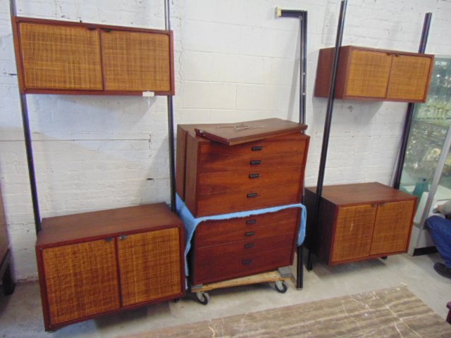 Mid Century wall unit, Herman Miller / McCobb style: Mid Century wall unit, possibly Nelson or McCobb, two standing units with shelves & cabinet in base. Two units, each with 2 cabinets, top cabinet is 32" wide, 14.75" tall, depth is 14.5", bottom cabin