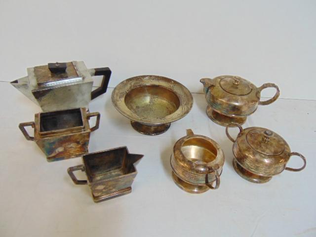 2 tea sets & bowl, 3 piece silver plated & 3 piece: 2 tea sets & bowl, 3 piece silver plated & 3 piece Sheffield Pewter tea sets plus nickel silver art nouveau bowl, Sheffield set has a missing lid on sugar bowl.