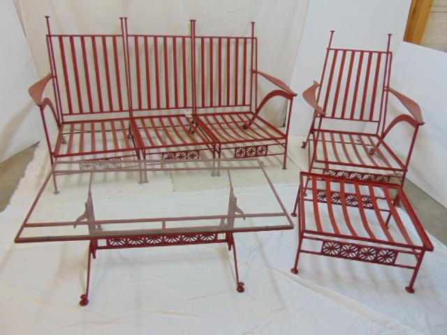 Salterini iron patio furniture from the El Prado: Salterini iron patio furniture from the El Prado collection, this lot contains a three piece sectional sofa, armchair with ottoman & glass top table, table is 42" by 24", height is 16.75", all marked,