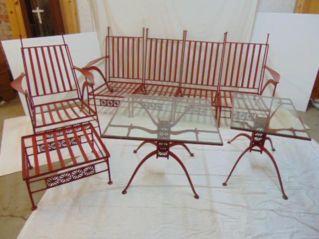 Salterini iron patio furniture from the El Prado: Salterini iron patio furniture from the El Prado collection, this lot contains a four piece sectional sofa, armchair with ottoman & 2 glass top tables, (30" by 30", height is 21.75" & 30" by 20", heig