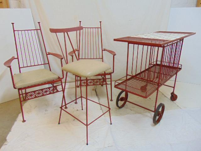 Salterini iron patio furniture, tile top tea or bar: Salterini iron patio furniture, tile top tea or bar cart, pair armchairs from the El Prado collection, & single barstool, from old Scarsdale estate
