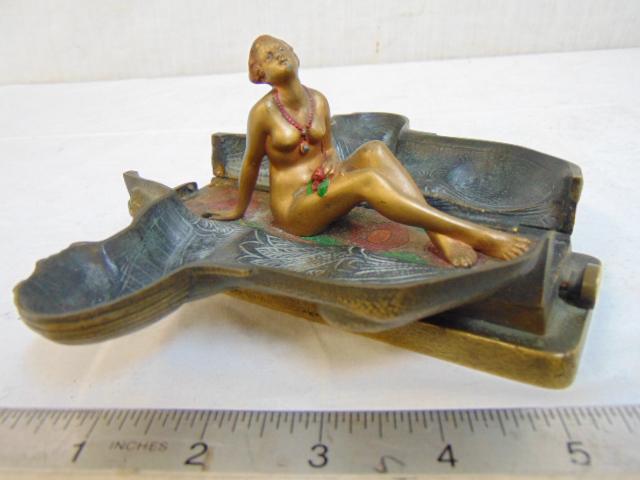 Franz Xavier Bergman Erotic nude in Sphinx cold painted: Franz Xavier Bergman Erotic nude in Sphinx cold painted mechanical bronze, hinged with button release that opens to reveal a gold nude female sitting on a colorful rug, with flower in hand & wearing a