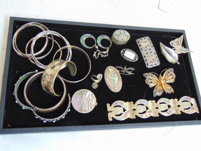 Sterling lot of Jewelry, Abalone & other to include: 8: Sterling lot of Jewelry, Abalone & other to include: 8 bangles, 1 cuff, 1 link bracelet; pill box; 7 pins; 1 pair earrings; 1 ring; 2 small pill boxes.