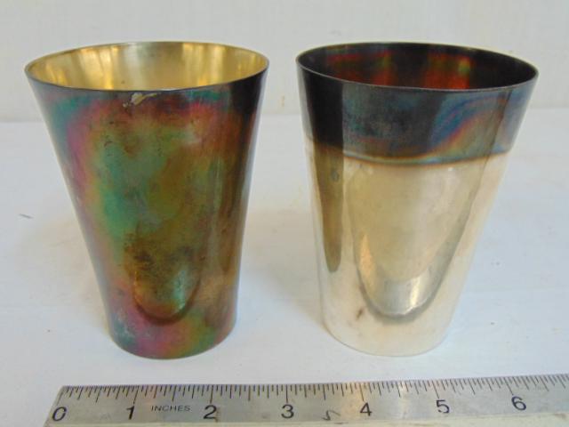 2 Mint Julep beakers, "Fine Silver", "Hand wrought",: 2 Mint Julep beakers, "Fine Silver", "Hand wrought", each beaker is 4.25" tall, 21 troy