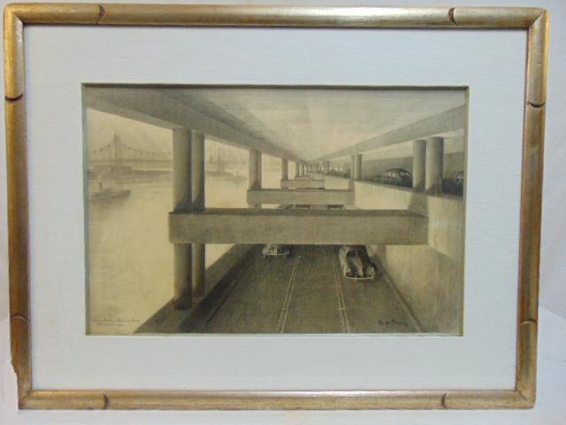 Charcoal drawing, Hugh Ferriss, New York City rendering: Charcoal drawing, Hugh Ferriss, New York City rendering of FDR drive, 59th street bridge in distance, tugboats, cars, lower left "Harvey Stevenson & Eastman Studds, Consulting Architects, appears earl