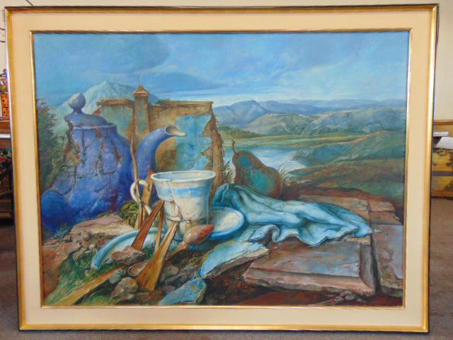 Painting. Samuel Bak, Surrealist oil on linen, "That is: Painting. Samuel Bak, Surrealist oil on linen, "That is the Question" 1989 , 41 1/2" x 55" purchased at Pucker Galley Boston, MALot 124 and 124A-124G the Samuel Bak oils are all consigned from one est