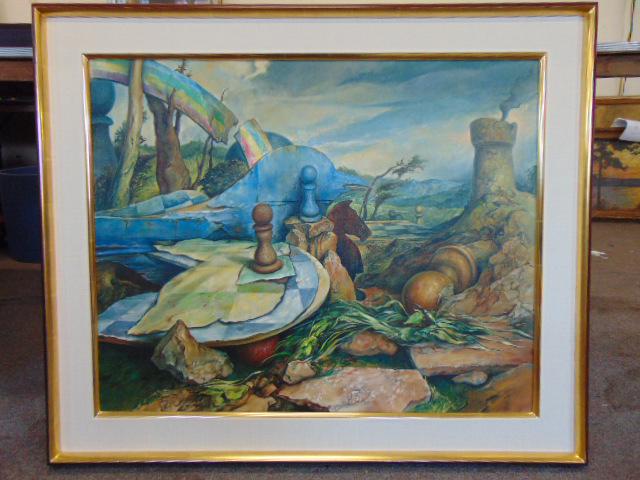 Painting. Samuel Bak, Surrealist oil on linen, "The: Painting. Samuel Bak, Surrealist oil on linen, "The Eternal Promise", 1991, 25 3/4" x 32", purchased at Boston, MALot 124 and 124A-124G the Samuel Bak oils are all consigned from one estate and were a