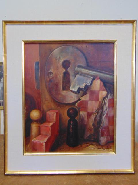 Painting, Samuel Bak, Surrealist oil on linen,: Painting, Samuel Bak, Surrealist oil on linen, "Opening", 1985 18" x 15", purchased at Pucker Gallery Boston, MA. Lot 124 and 124A-124G the Samuel Bak oils are all consigned from one estate and were a