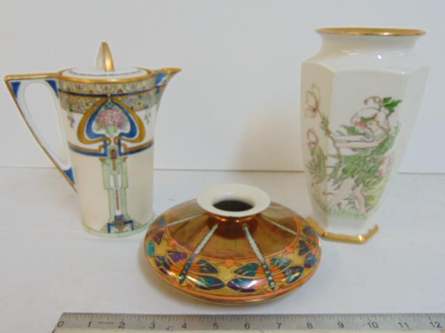 Porcelain lot, Limoges & Bavarian, includes luster low: Porcelain lot, Limoges & Bavarian, includes luster low bowl by Limoges with dragonfly decoration, Limoges vase with angel figure, gilt rim, height is 9" & Bavarian, German porcelain chocolate pot with