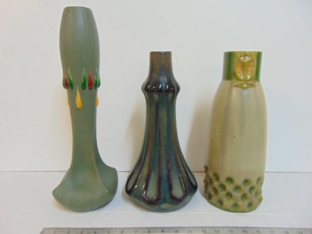 3 Amphora art pottery vases, matte green vase with: 3 Amphora art pottery vases, matte green vase with colored teardrop decoration, height is 16.5" (drilled), large vase with indented decorated base, height is 13 3/8" & dark partially glazed vase, heig