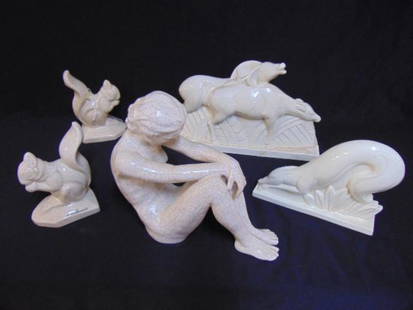 French & Austrian ceramic lot, Louis Fontinelle: French & Austrian ceramic lot, Louis Fontinelle squirrels, Lemanceau group with deer (repaired), unsigned dog figure & Gmunder Keramik Austria figure of a nude,