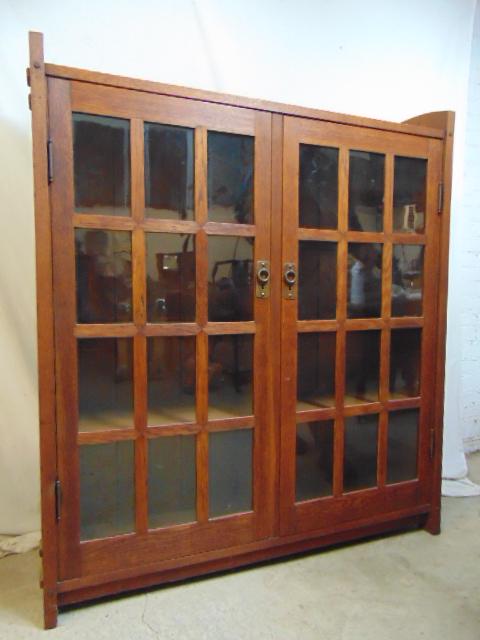 Gustav Stickley two door mitered mullion bookcase,: Gustav Stickley two door mitered mullion bookcase, early decal 1902-1903, 55.75" tall & 48.75" depth 12" washed original finish, excellent condition, no key