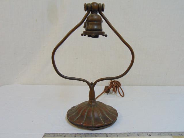 Tiffany Studios bronze harp table lamp base, original: Tiffany Studios bronze harp table lamp base, original patina, harp is bent,