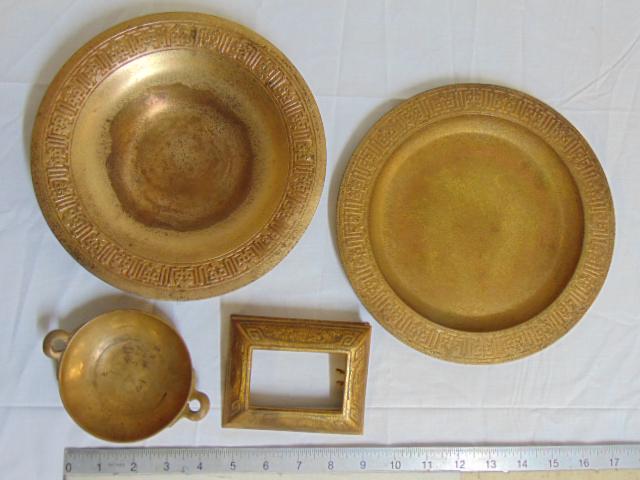 (4) pieces Tiffany Studios bronze in dore finish, 2: (4) pieces Tiffany Studios bronze in dore finish, 2 trays, 1 small bowl, & calendar desk set piece?