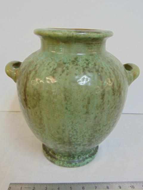 Large Fulper art pottery urn or vase, in green with: Large Fulper art pottery urn or vase, in green with double handles, vase is 12" tall, crack in base
